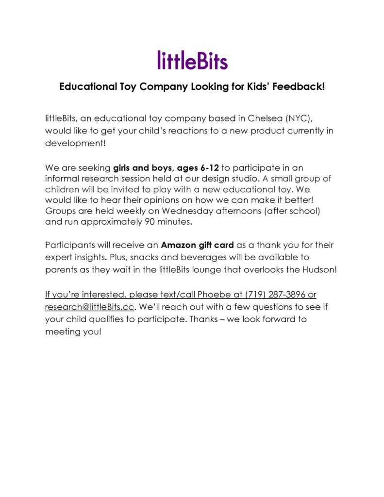 LittleBits Kids Educational Toy Company - Kid Researchers Needed!