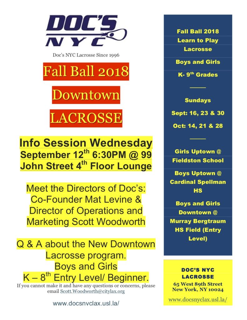 DOC's NYC Lacrosse Info Session in FiDi (Kindergarten - 8th Grade)