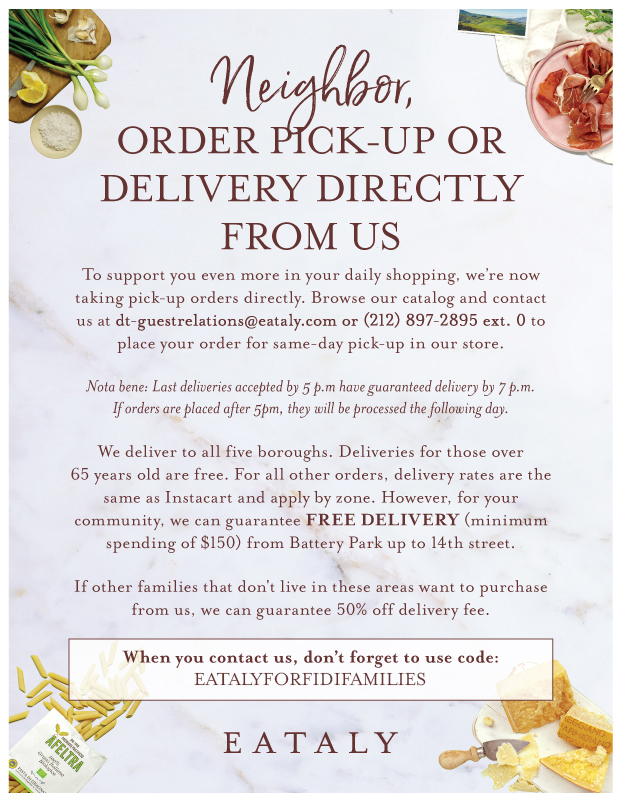 Eataly Offers Pick Up and Delivery Options - Mention FiDi Families for Free Delivery